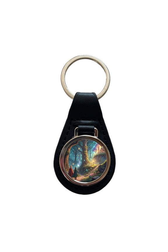 Fantasy Forest with Wizards Metal Black Leather Keychain