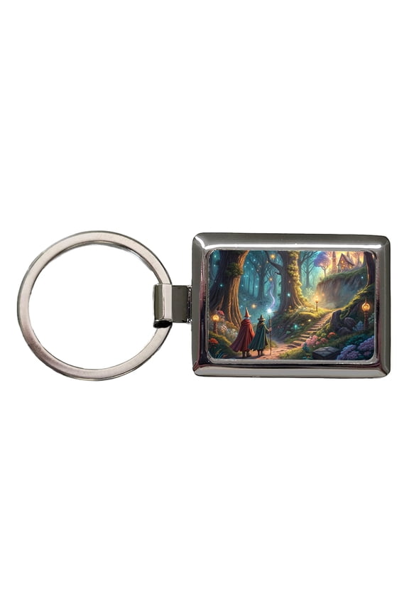 Fantasy Forest with Wizards Metal Rectangle Keychain