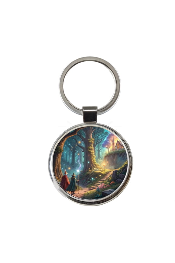 Fantasy Forest with Wizards Metal Round Keychain