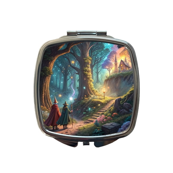 Fantasy Forest with Wizards Travel Makeup Handbag Purse Small Pocket Compact Mirror