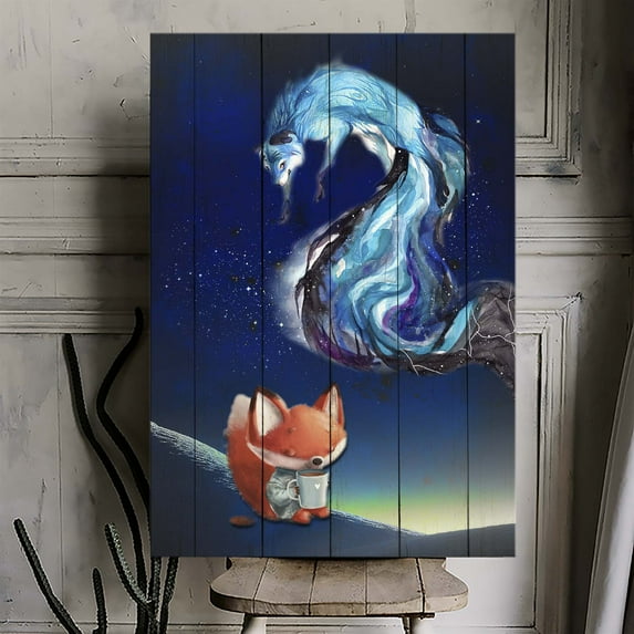 Fantasy Fox Canvas Wall Art – Mystical Spirit Animal and Cute Red Fox Under Starry Night – Whimsical Woodland Artwork – Ready to Hang – Bedroom, Nursery, or Living Room Decor