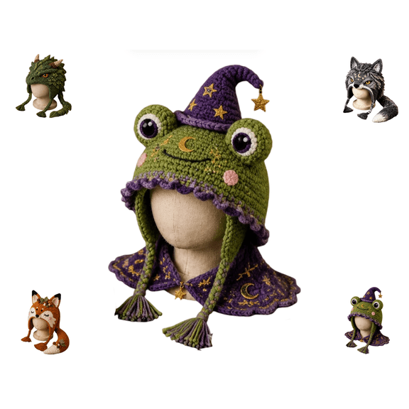 Fantasy Frog Hood Hat DIY Crochet Kit Series, Customizable Warm Animal Ear Flap Beanie DIY Kit, Thoughtful Creative Handmade Holiday Gift for Craft Enthusiasts