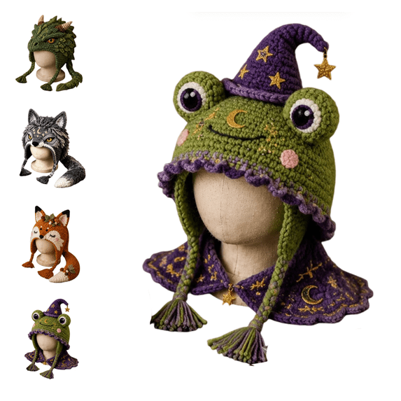 Fantasy Frog Hood Hat DIY Crochet Kit Series, Magical Wizard Frog & Wild Animal Wolf Fox Dragon Crochet Craft Set, Relaxing Weekend Handcraft Activity