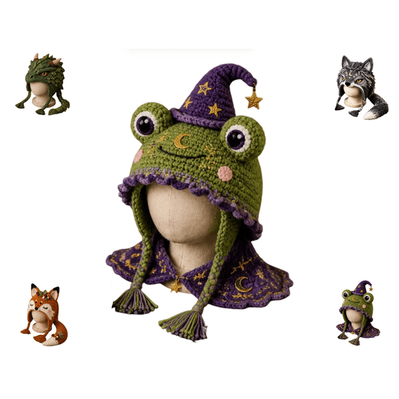 Fantasy Frog Hood Hat DIY Crochet Kit Series, Multi-Style Fantasy Forest Animal Beanie Making Set, Full Craft Tools Pack for Holiday Handmade Gift Production