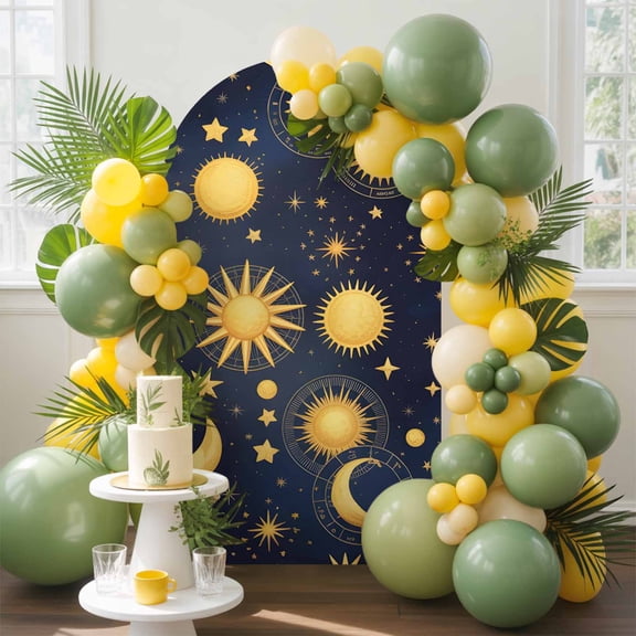 Fantasy Galaxy Arch Backdrop Cover, 7.2FT, Golden Planet Universe Sun Moon Stars Retro Spandex Arch Covers Double-Sided Backdrop for Wedding Birthday Party Photo Background Decoration