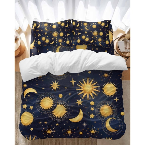 Fantasy Galaxy Bedding Duvet Cover Set Queen Size 4 Pieces Golden Planet Universe Sun Moon Stars Retro Bedding Set with Zipper Closure, 1 Comforter Cover 90x90 Inches 1 Flat Sheet & 2 Pillow Cases