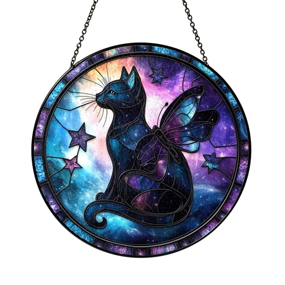 Fantasy Galaxy Cat Stained Glass Decorative Suncatcher, Celestial Animal Window Hanging Art Panel Accent for Unique Home Decor