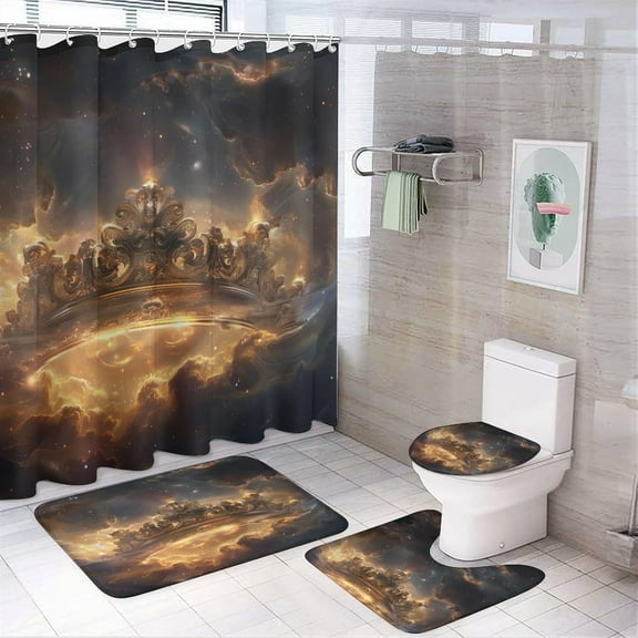 Fantasy Galaxy King&Queen Theme 4 Pcs Waterproof Shower Curtain Set,Watercolour Outer Space Nebula Crown Design with Waterproof Toilet Cover Shower Mat Rugs