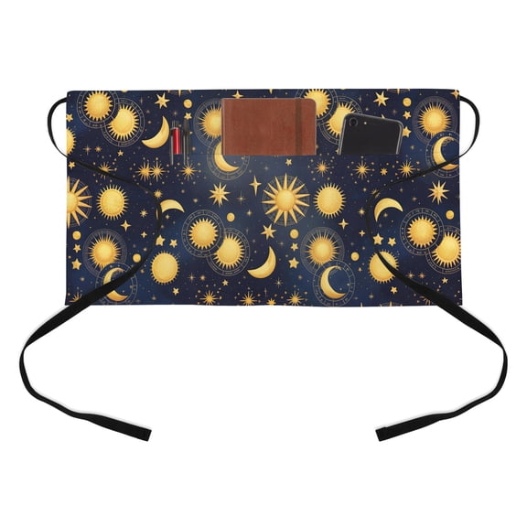 Fantasy Galaxy Kitchen Restaurant Half Waist Apron, Golden Planet Universe Sun Moon Stars Retro Server Short Apron with 3 Pockets Waterproof Oil Waist Aprons for Women Waitress Waiter