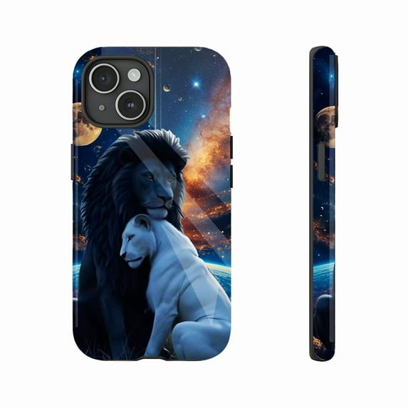 Fantasy Galaxy Lion Couple 3D Art iPhone Case Unisex for Universe Lovers Birthday Gift Compatible with iPhone 11/12/13/14/15/16 (Pro Max/Plus)