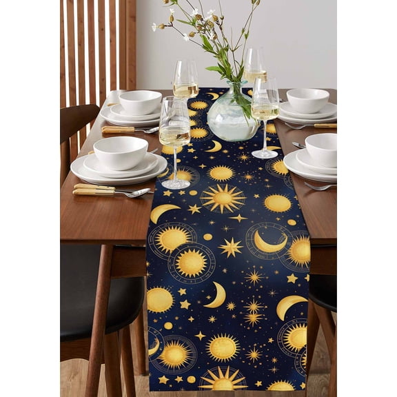 Fantasy Galaxy Moon Sun Table Runner 13x70in Non-Slip Cotton Linen Table Runners, Cartoon Starry Night Dresser Scarves TableRunner for Dinner Kitchen Dining Wedding Party