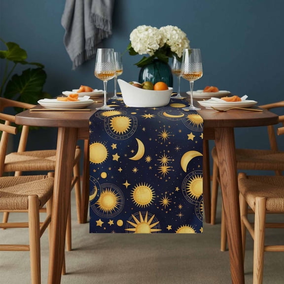 Fantasy Galaxy Moon Sun Table Runner-36 Inch Long Cartoon Starry Night Table Runners Linen Burlap Tablerunner for Kitchen Dining Room Holiday Party