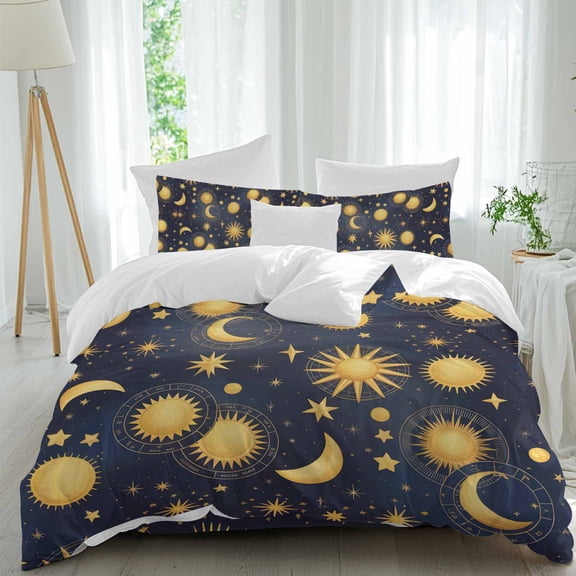 Fantasy Galaxy Queen Size Comforter Set, Golden Planet Universe Sun Moon Stars Retro Bedding for All Seasons, 4 Pcs Bed Set, 1Quiltcover (90"x92") ,1Sheet(94"x116"), 2Pillowcases (30"x20")