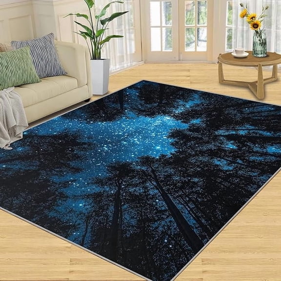 Fantasy Galaxy Rug, Forest Area Rugs for Living Room Bedroom, Blue Starry Night Rugs, Night View Washable Carpet, Nursery Carpet, Forest Home Decor & Gifts 5 x 7ft