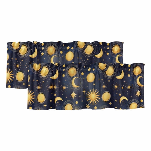 Fantasy Galaxy Valances for Windows 2 Panels Golden Planet Universe Sun Moon Stars Retro Rod Pocket Kitchen Curtain Valance Small Window Treatment for Living Room Bathroom Bedroom 42x12 Inch
