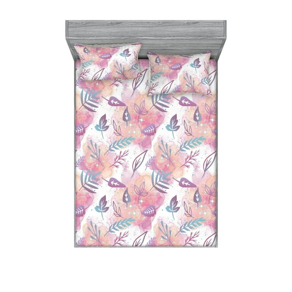 Fantasy Garden Fitted Sheet & Pillow Sham Set, Swirling Leaves Pattern with Dreamy Aura on Watercolor Hues Back, Decorative Printed 3 Piece Bedding Decor, Queen, Pale Fuchsia Sea Blue, by Ambesonne