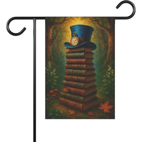 Fantasy Garden Flag With Book Stack and Hat Design, Double Sided, 12 x 18 Inch Decorative Banner