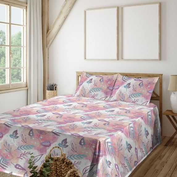 Ambesonne Fantasy Garden Fitted & Flat Sheet with Sham 3 Pcs Set, Swirling Dreamy Leaf, Twin, Pale Fuchsia Sea Blue