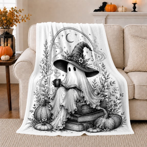Fantasy Ghost Reading Scene Books Moon Botanical Motifs, Festive Halloween Scene, Warm Flannel Blanket for Living Room and Bedroom, Animal Lovers Halloween Gift, Fantasy Home Decor