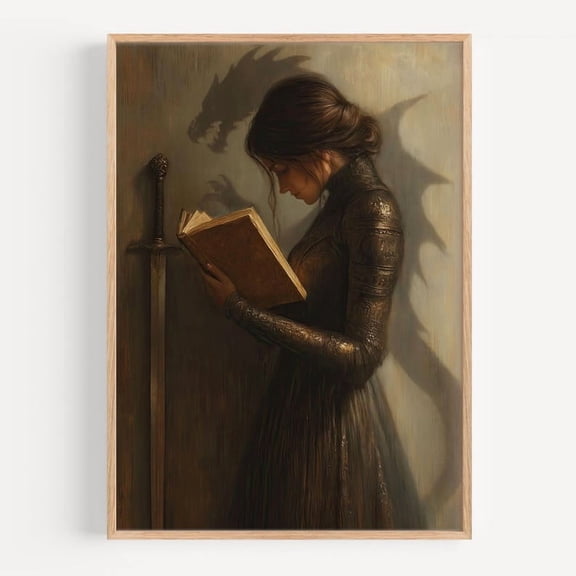 Fantasy Girl Reading Art Print: Dragon Shadow, Medieval Warrior 8x12 UNFRAMED