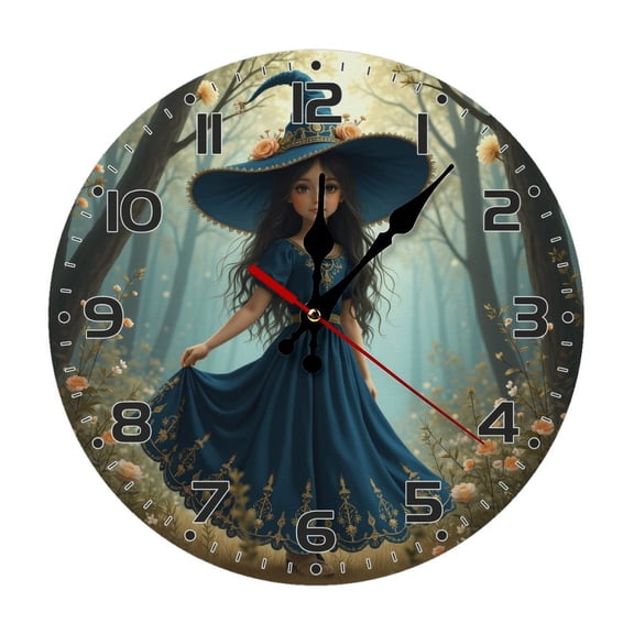 Fantasy Girl Witch Wall Clock 10 Inch Silent Non Ticking Round Wooden Clock Decoration for Living Room Kitchen Bedroom Bathroom Office Classroom