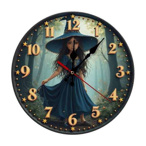 Fantasy Girl Witch Wall Clock 10 Inch Silent Non Ticking Round Wooden Clock Decoration for Living Room Kitchen Bedroom Bathroom Office Classroom