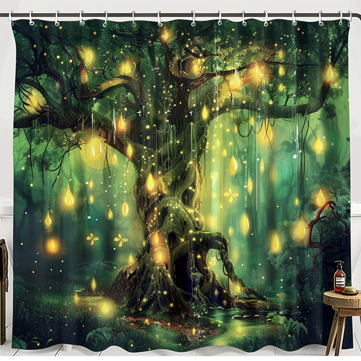 Fantasy Glowing Firefly Tree Cartoon Shower Curtain Magical Fairy Tale