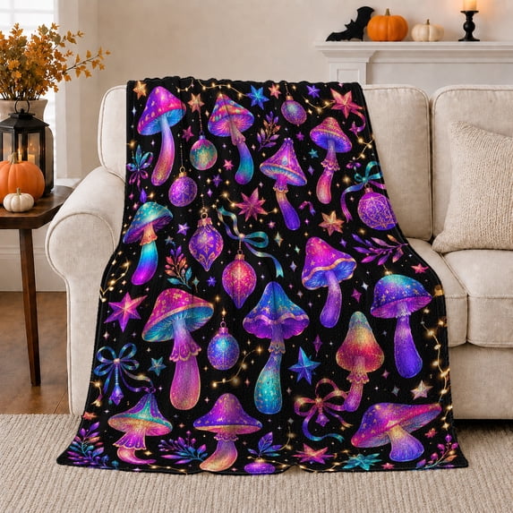 Fantasy Glowing Mushroom Pattern, Festive Holiday Scene, Warm Flannel Blanket for Sunroom and Reading Nook with Detailed Artwork, Art Lovers Valentine's Day Gift, Fantasy Home Decor