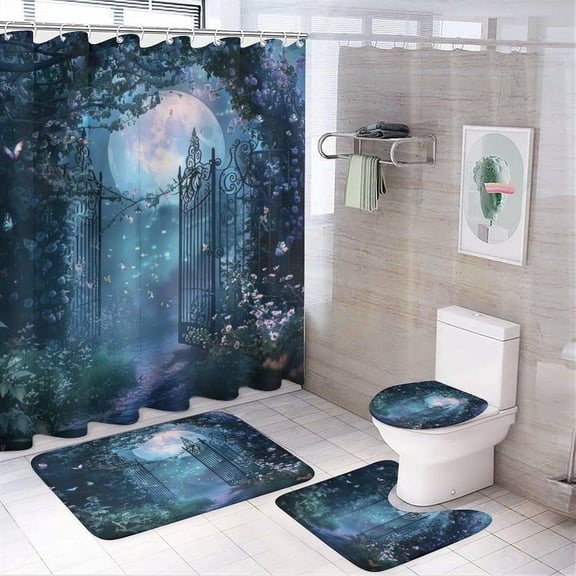 Fantasy Gothic Arch Floral for Bathroom Shower Curtain Sets with Rugs 4Pcs,Rustic Mid Century Spring Garden Butterfly Moon Rose Print Shower Curtains Sets (12Hooks)