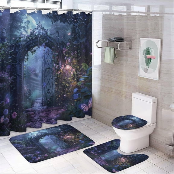 Fantasy Gothic Arch Floral for Bathroom Shower Curtain Sets with Rugs 4Pcs,Rustic Mid Century Spring Garden Butterfly Moon Rose Print Shower Curtains Sets (12Hooks)