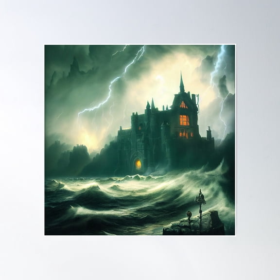 Fantasy Gothic Castle In A Storm Poster Wall Art, Modern Wall Decor, 16x16 UNFRAMED