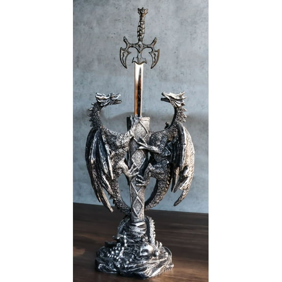 Fantasy Gothic Climbing Double Dragon And Excalibur Sword Letter Opener Figurine
