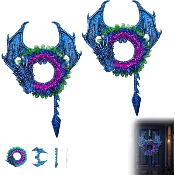 Fantasy Gothic Handmade Dragon Wreath for Front Door & Wall Decor，2 | Mythical Beast Hanging, Large Dragon Wreaths with Colorful Wings and Tail, Holiday Sign Ornaments for Fantasy Lovers, Gamers