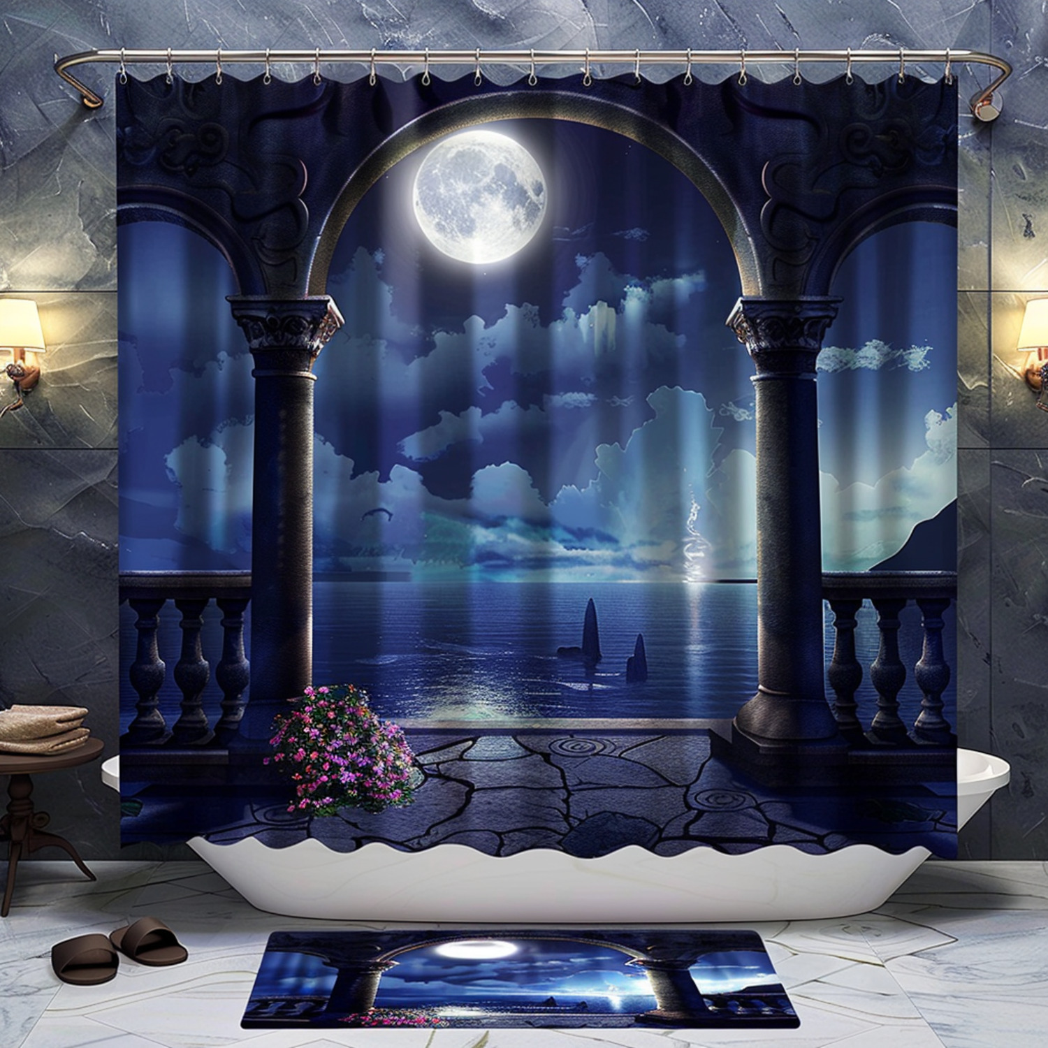 Fantasy Gothic Moonlit Ocean Bathroom Set Vintage Design with Detailed