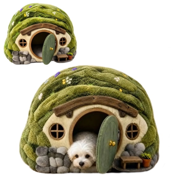 Fantasy Grass Roof Cottage Pet Bed, Enclosed Elf Cottage Shape Pet Cave House, Warm Plush Small Dog Cat Bed with Removable Door, Whimsical Cottage Pet Nest for Small Pets