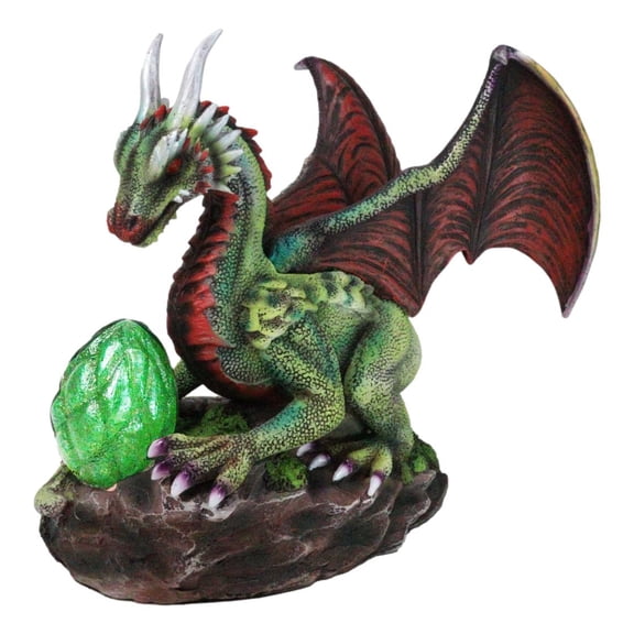 Fantasy Green And Red Volcano Dragon Guarding LED Scaled Egg Decorative Figurine