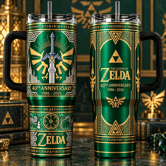 Fantasy Green Sword Theme 40oz Tumbler With Handle, Adventure Game Inspired Insulated Travel Cup
