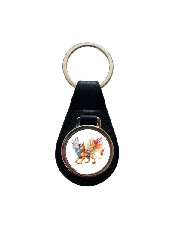 Fantasy Griffin Mythical Creature Watercolor Metal Black Leather Keychain