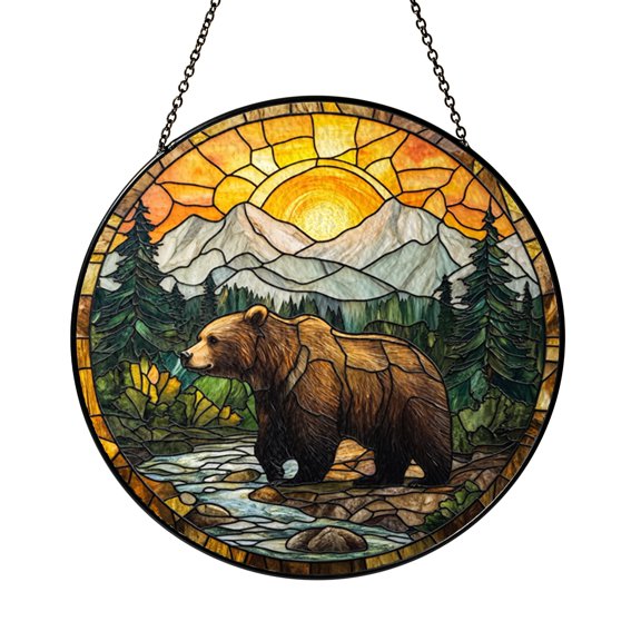 Fantasy Grizzly Bear Stained Glass Window Decor – Handmade Sunset Hanging Art