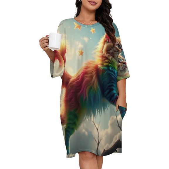 Fantasy Harlequin Cats Stars Sleepshirts For Sleeping Travels Loose Sleepdress Pajama Dress Soft Nightdress Sleepwear