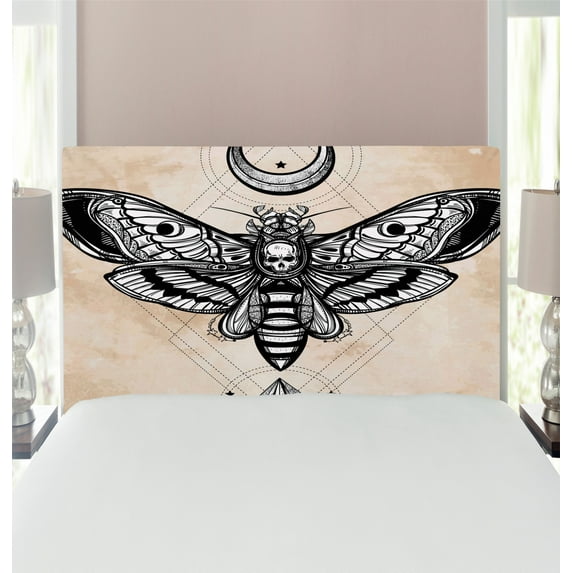 Fantasy Headboard, Dead Head Hawk Moth Luna and Stone Magic Skull Illustration, Upholstered Decorative Metal Bed Headboard with Memory Foam, Twin Size, White Black and Cream, by Ambesonne