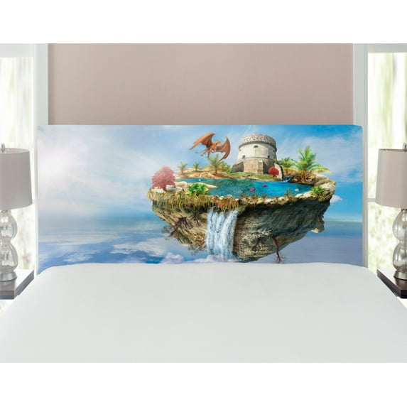 Fantasy Headboard, Island with Dragon Castle Tower Waterfall and Flipped Mountain in Space Image, Upholstered Decorative Metal Bed Headboard with Memory Foam, Full Size, Green and Blue, by Ambesonne