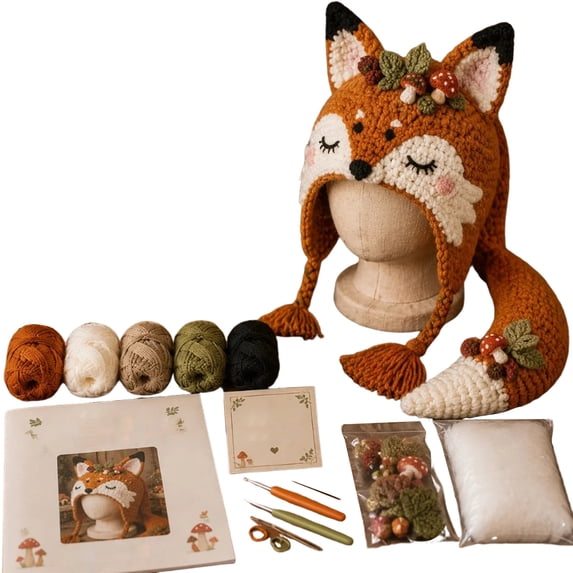 Fantasy Hood Crochet Kit DIY Animal Style Hat Making Set with Yarn Hooks Stuffing Pattern Materials for Adults Beginners with Gift for Adults(Fox)