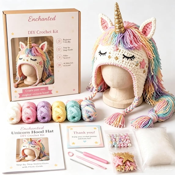 Fantasy Hood Hat DIY Crochet Kit,Complete Crochet Set for Beginners with 5 Animal Styles,All-in-One Kit with Yarn Hooks and Instructions,Handmade Craft Gift for Adults(A1)