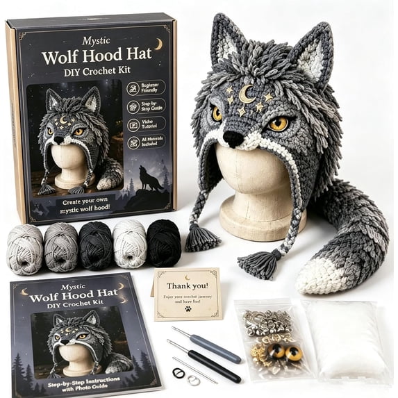 Fantasy Hood Hat DIY Crochet Kit,Complete Crochet Set for Beginners with 5 Animal Styles,All-in-One Kit with Yarn Hooks and Instructions,Handmade Craft Gift for Adults(A4)