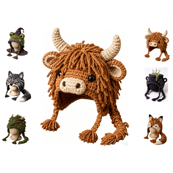 Fantasy Hood Hat DIY Crochet Kit Series, All-Inclusive Crochet Kit with 5 Animal Style Options, Perfect Gift for Craft Enthusiasts & Fantasy Lovers (Highland Cow)