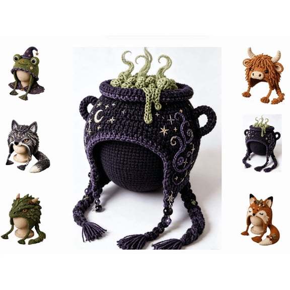 Fantasy Hood Hat DIY Crochet Kit Series, All-Inclusive Crochet Kit with 5 Animal Style Options, Perfect Gift for Craft Enthusiasts & Fantasy Lovers (Witch Cauldron)