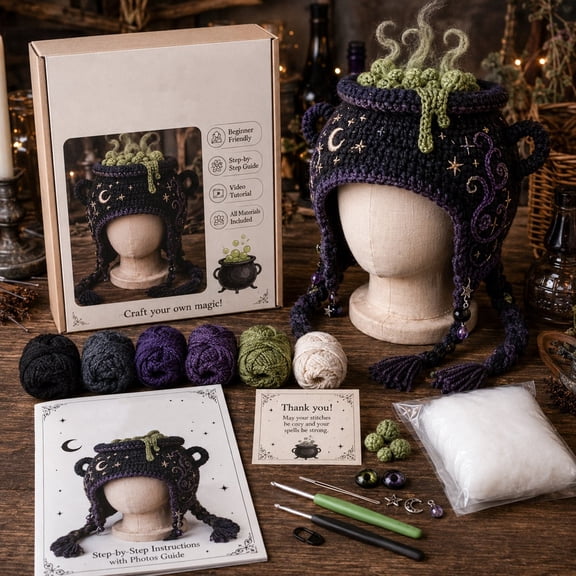 Fantasy Hood Hat DIY Crochet Kit Series, All-in-One Crochet Supplies Kit with 5 Animal Hood Patterns, Handmade Craft Gift for Adults & Teens (Witch Cauldron)