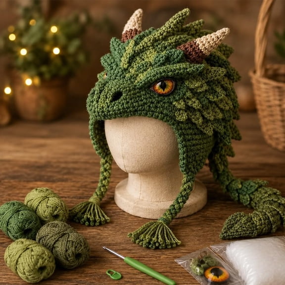Fantasy Hood Hat DIY Crochet Kit Series,Animal Crochet Kit for Beginners with Step-by-Step Instructions,All-in-One Complete Set for Dragon Fox Wolf Frog Rainbow Hoods,Craft Gift (B)