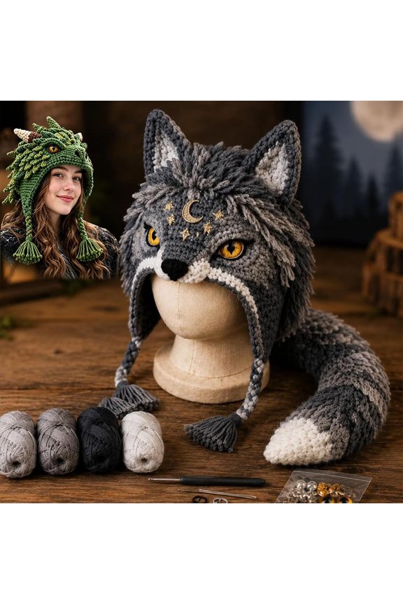 Fantasy Hood Hat DIY Crochet Kit Series, Animal Earflap Hood DIY Crochet Kit for Beginners, Wizard Yarn Craft Set, Halloween Cosplay Holiday Handmade Gift for Adults, Wolf